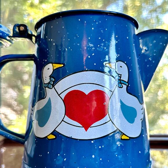 Vintage Tres Troquelles Blue Enamelware Coffee Pot White Spatter Folk  art 1970s - Picture 7 of 13